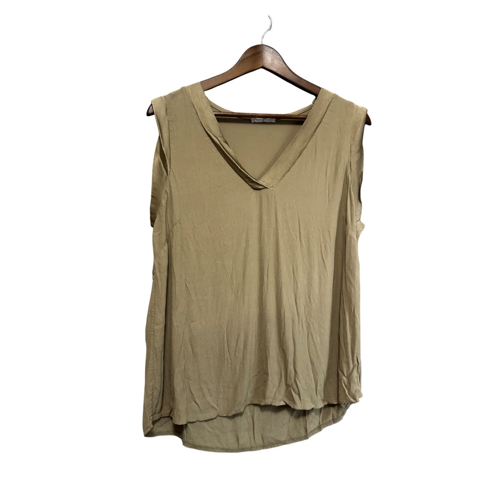Milio Milano V-Neck Sleeveless Top Women L Tan Excellent Crinkle Viscose Blouse